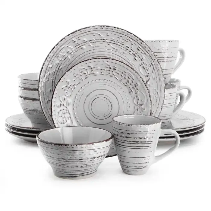 Elama Pacifica Moonstone 16-Piece Dinnerware Set in Light Gray