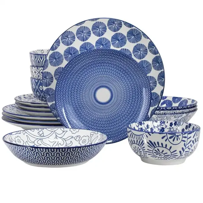 Elama Sophia 16 Piece Assorted Stoneware Double Bowl Dinnerware Set in Blue