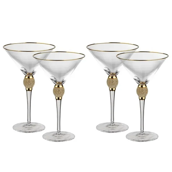 Elegant 10 oz. Martini Glasses with Diamond Rhinestone Accents and a Polished Gold Rim (Set of 4)
