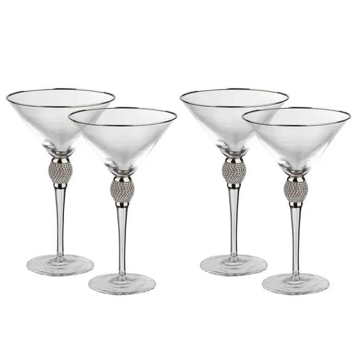 Elegant 10 oz. Martini Glasses with Diamond Rhinestone Accents and a Polished Silver Rim (Set of 4)