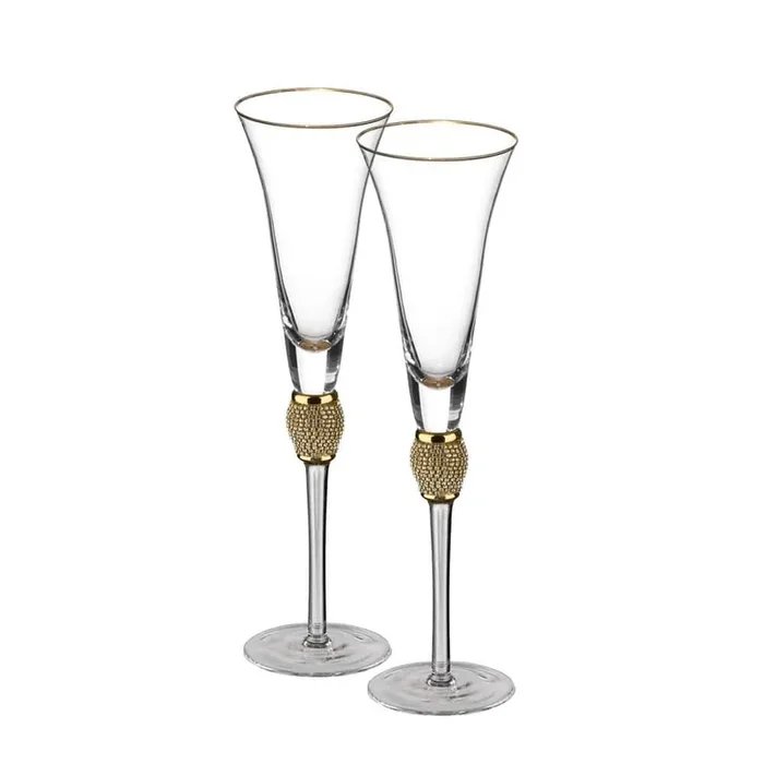 Elegant 7 oz. Champagne Glasses with Diamond Rhinestone Accents and a Polished Gold Rim (Set of 2)