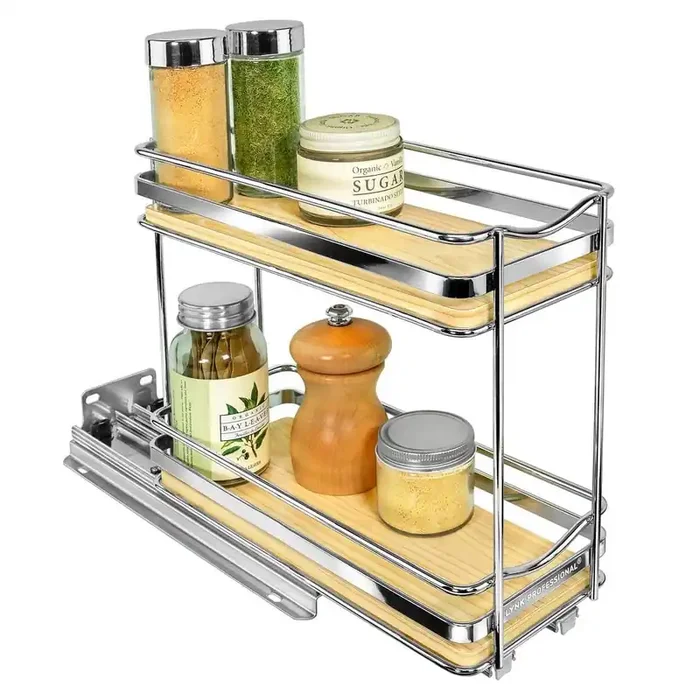 Elite Pull Out Spice Rack Organizer for Cabinet, 4-1/4 in. Wide, Double, Wood-Chrome