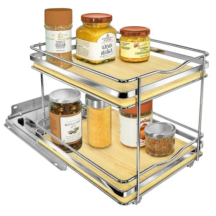 Elite Pull Out Spice Rack Organizer for Cabinet, 8-1/4 in. Wide, Double, Wood-Chrome