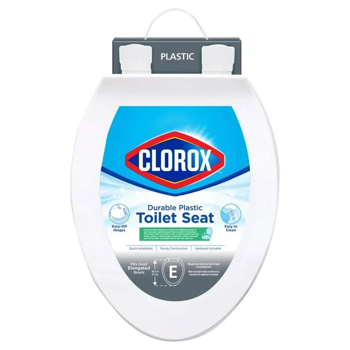 Elongated Plastic Toilet Seat in White with Easy-Off Hinges