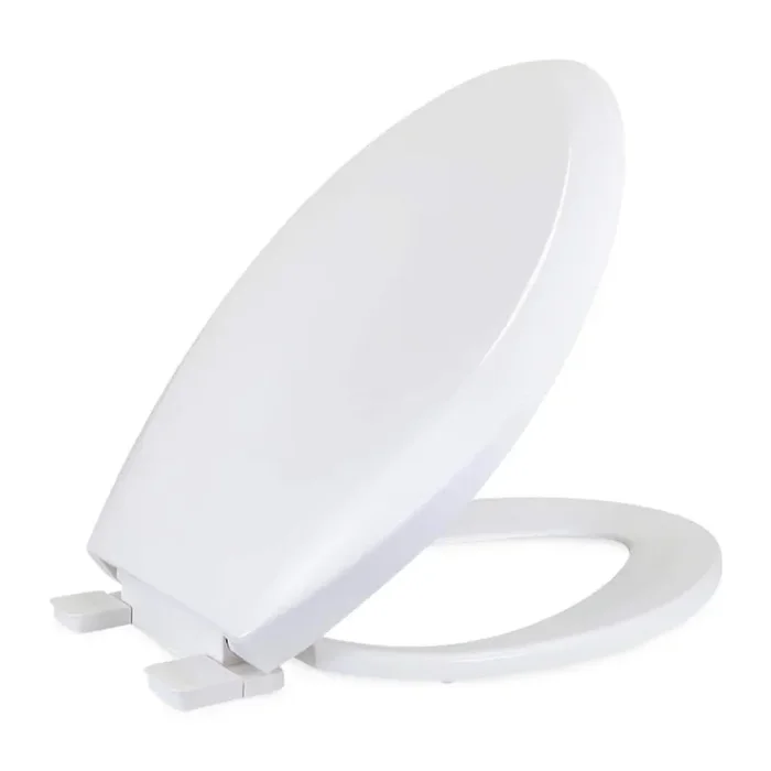 Elongated Slow-Close Toilet Seat with Adjustable Hinges and Easy Removal in White Molded Plastic, Standard Size Fit