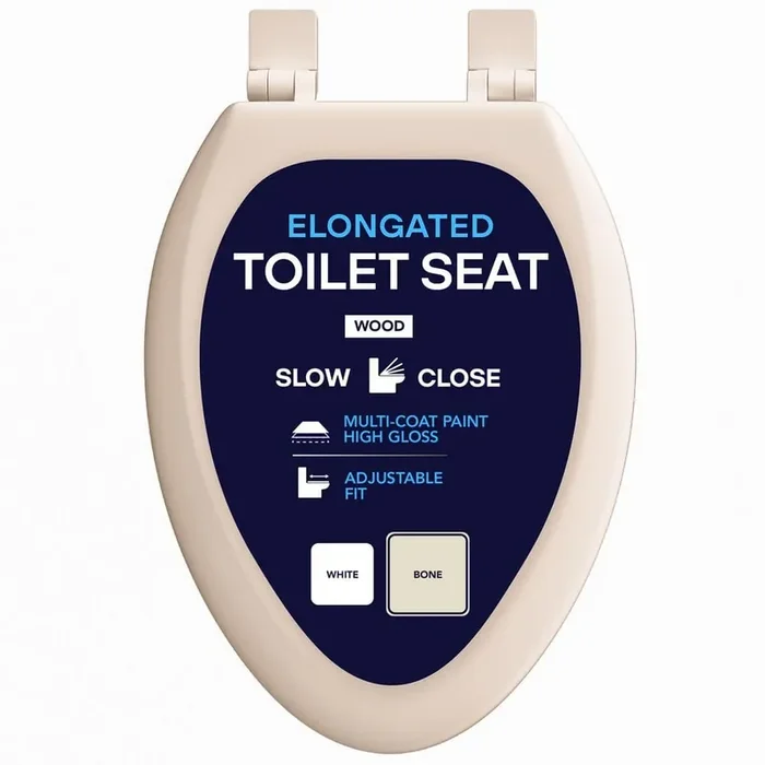 Elongated Slow-Close Toilet Seat with Adjustable Hinges in Bone Molded Wood, Standard Size Fit