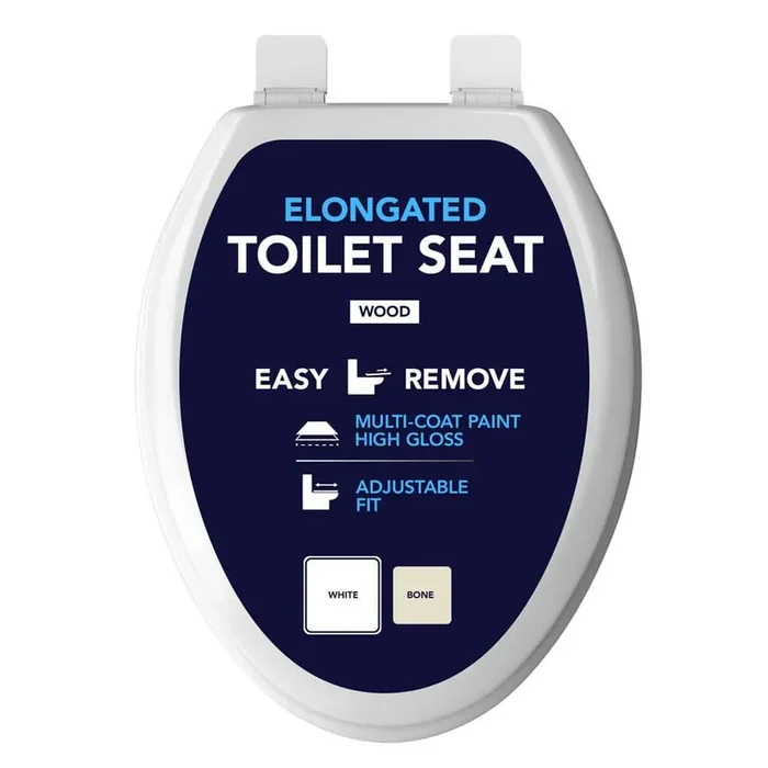 Elongated Toilet Seat with Adjustable Hinges and Easy Removal in White Molded Wood, Standard Size Fit