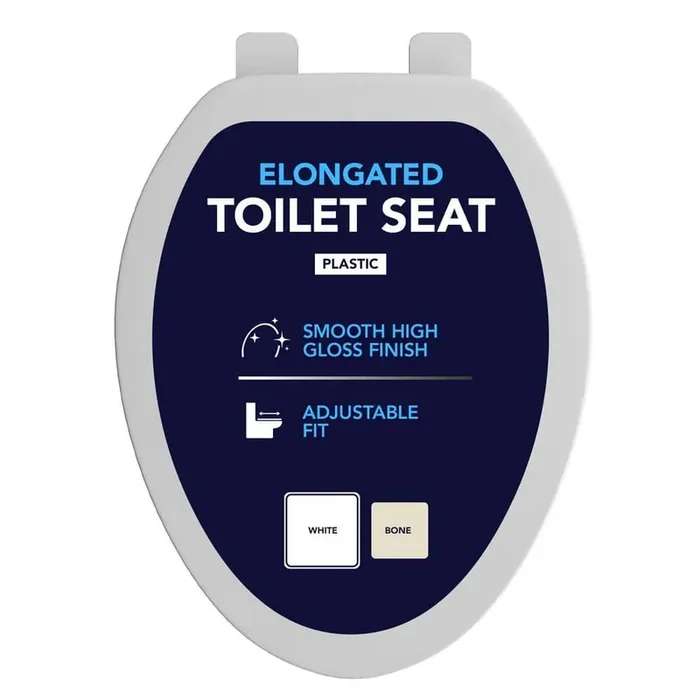 Elongated Toilet Seat with Adjustable Hinges in White Plastic, Standard Size Fit
