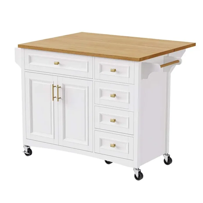 Fancy Wood White 52 in. Drop Leaf Embossed Texture Rolling Kitchen Island with Adjustable Shelf and Spice Towel Rack