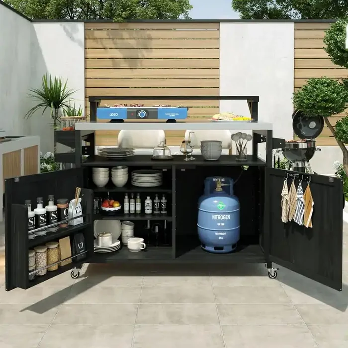 Farmhouse Black Stainless Steel 53.4 in. Rolling Kitchen Island Outdoor Grill Cart with Raised and Adjustable Shelf