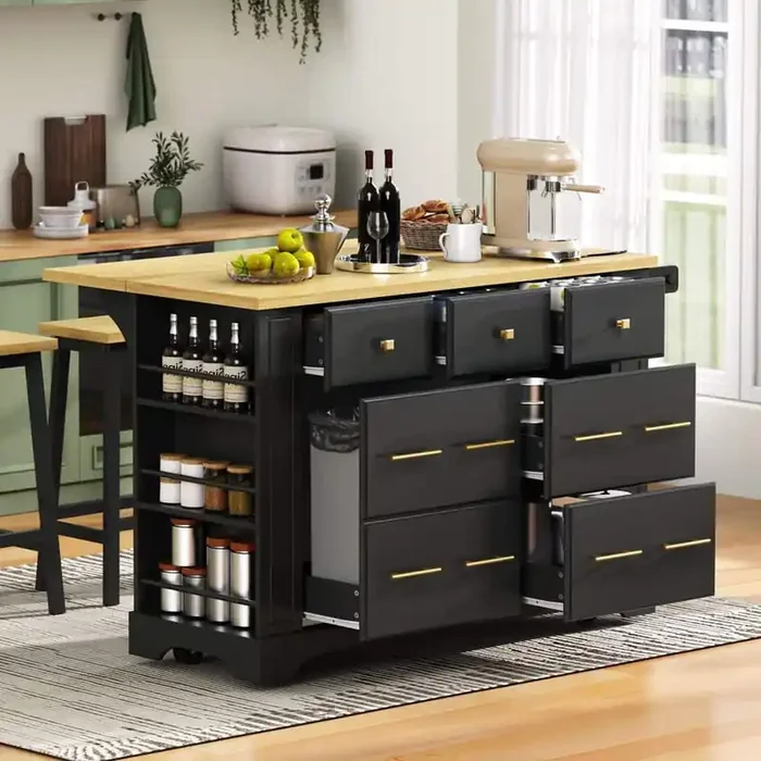 Farmhouse Black Wood 51.2 in. Drop Leaf Power Outlet Pull Out Trash Can Storage Kitchen Island with 5 Open Side Racks