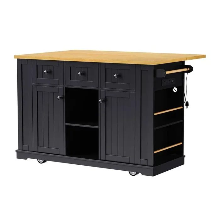 Farmhouse Black Wood 53 in. Power Outlet Rolling Drop Leaf Kitchen Island on 5-Wheels with 5-Open Side Racks