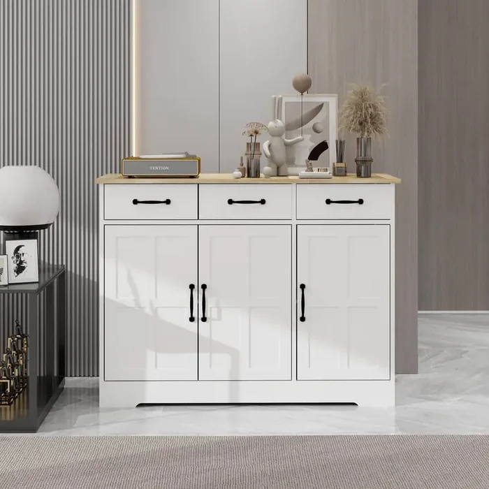 Farmhouse Buffet Cabinet Storage Sideboard with 3 Drawers and 3 Doors for Dining Living Room Kitchen Cupboard in White