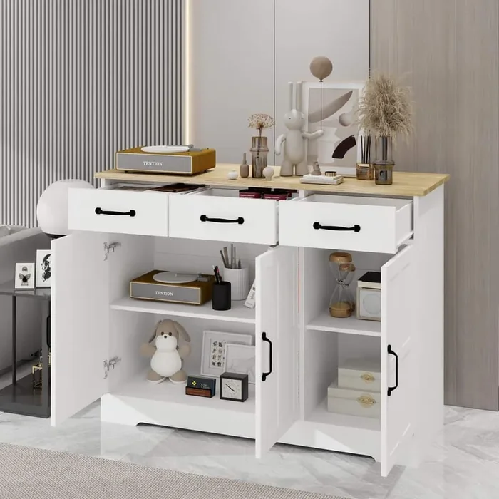 Farmhouse Buffet Cabinet Storage Sideboard with 3-Drawers and 3-Doors for Dining Living Room Kitchen Cupboard in White