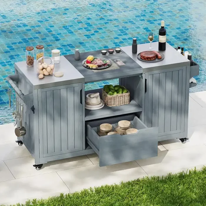 Farmhouse Gray Blue Stainless Steel 66.5 in. Kitchen Island Outdoor Grill Cart Compatible with Big Green Egg Grills