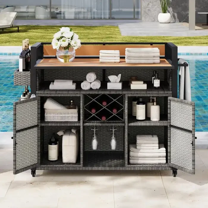 Farmhouse Gray Wood 53 in. Rolling Kitchen Island with Storage Cabinet Wicker Patio Grill Cart with Extended Table Top