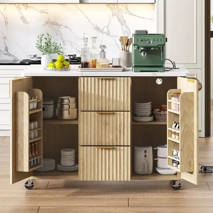 Farmhouse Natural Wood 55.5 in. Power Outlet Drop Leaf Rolling Fluted Kitchen Storage Island with Adjustable Shelves