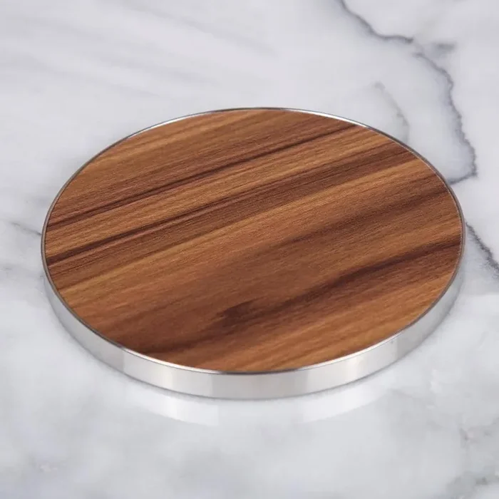Fiberboard 7″ Diam. Round Trivet, Serving Board with Acacia Finish and Stainless Steel Trim