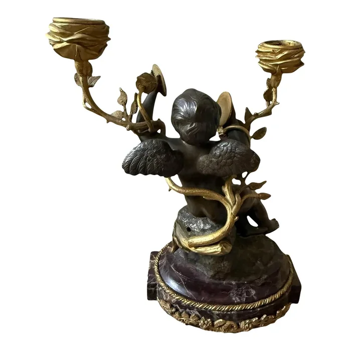 Fine French Neoclassical Bronze Dore Highlights. Marble Ormolu Cherubs Candleholders. Marble Footed. Titled Cherub Candelabra by L Bureau.