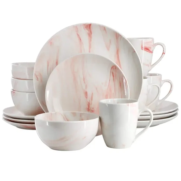 Fine Marble 16-Piece Porcelain Dinnerware Set in Red
