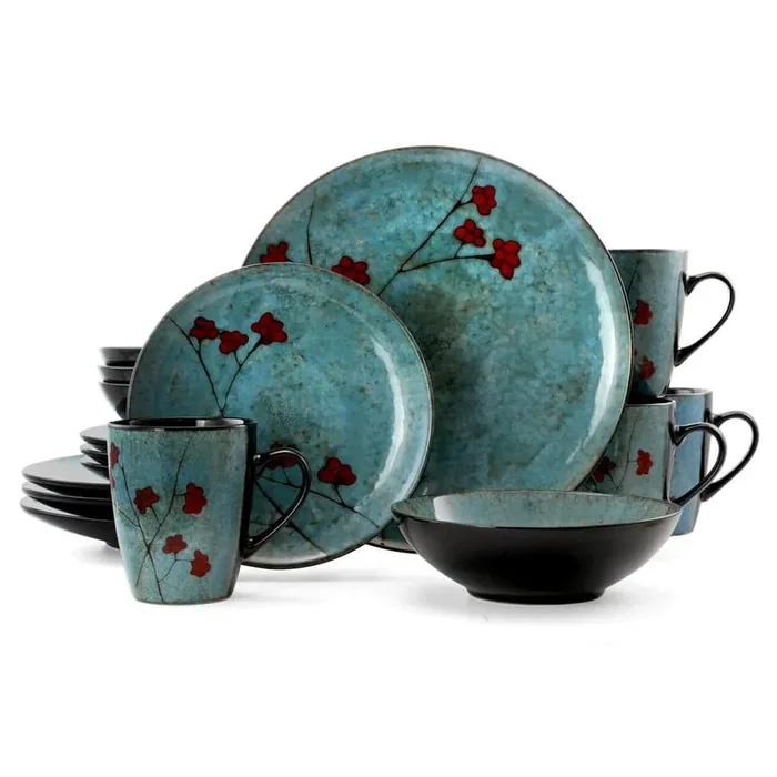 Floral Accents 16-Piece Bohemian Blue Stoneware Dinnerware Set (Service for 4)