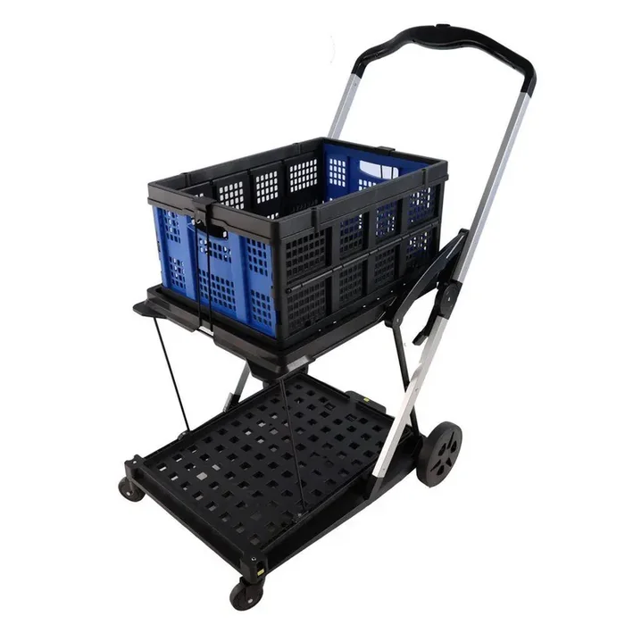 Folding Service Cart with Wheels Double-Decker, Shopping, Library, Office Warehouse Moving Carts-Black+Blue