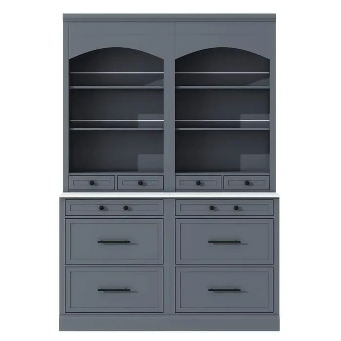 Freestanding Tall Kitchen Pantry Hutch with Faux Marble Top and 5 Storage Drawers and Adjustable Shelf, Set of 2, Gray