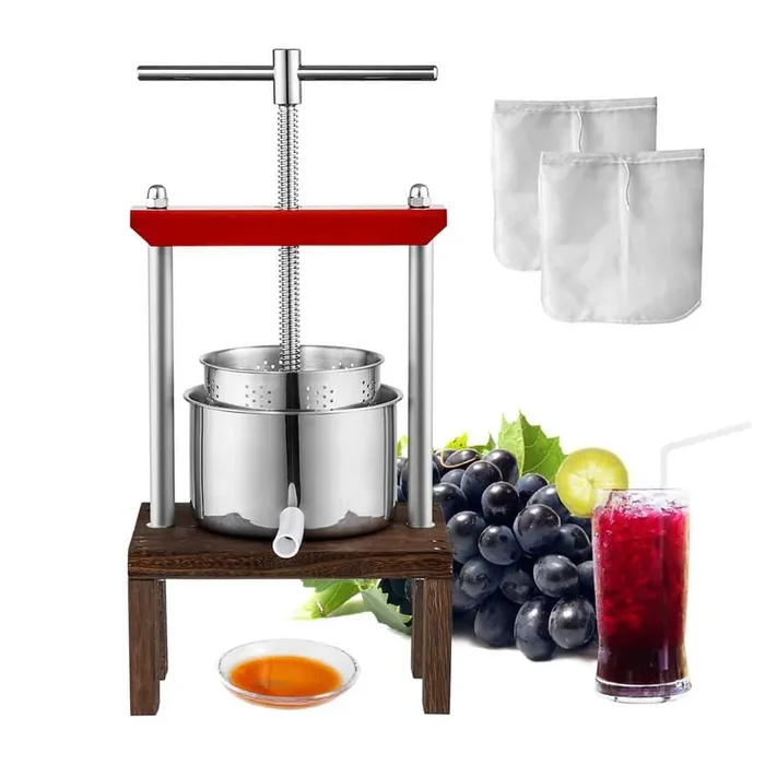 Fruit Wine Press, 0.53 Gal. /2 L, 2-Stainless Steel Barrels, Manual Juice Maker, Oil Making Press