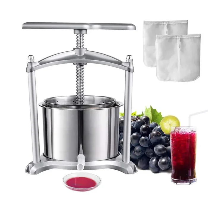 Fruit Wine Press is 1.6 gal. /6L. Has 2 barrels, manual. Makes juice, cider, etc. With T-handle, triangular structure
