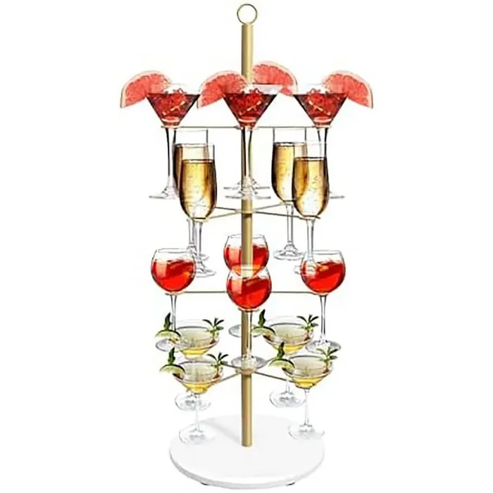Gold Freestanding Champagne Tower 4 Tier Metal Stemware Rack for Parties Cocktails Weddings Events Holds 16-Glasses