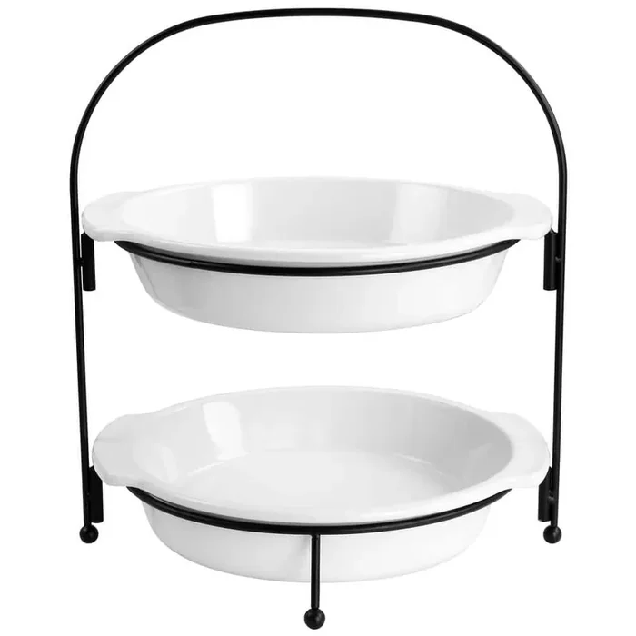 Gracious Dining 2-Tier White Stoneware 3-Piece Pie Dish Cake Stand Serve Set