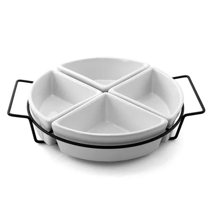 Gracious Dining 5-Piece White Ceramic 4-Section Tray Set with Metal Rack