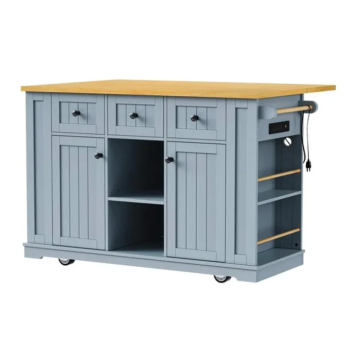 Gray Blue Wood 53 in. Kitchen Island on 5 Wheels with Drop Leaf and 3 Drawers