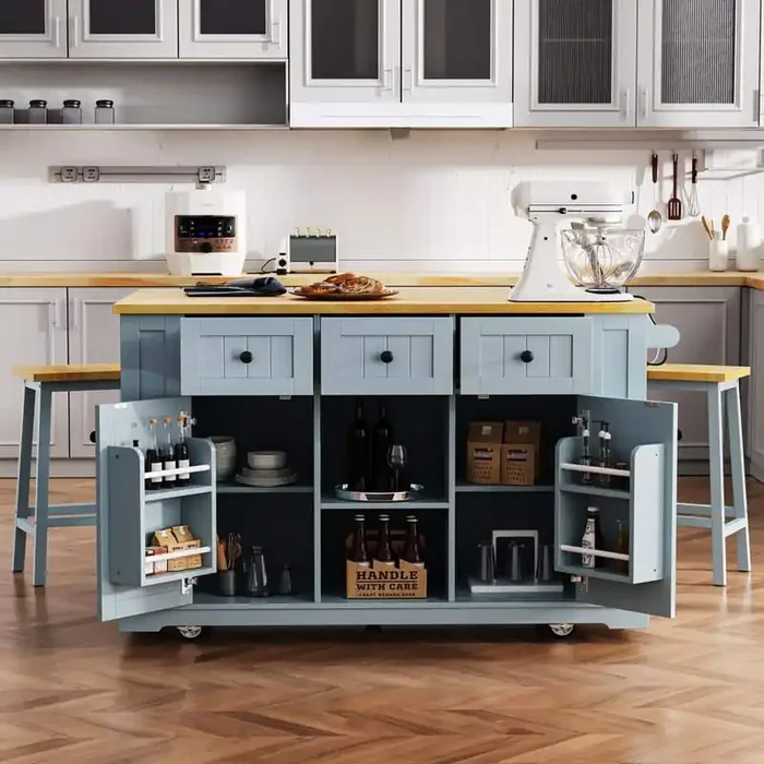 Gray Blue Wood Kitchen Cart Kitchen Island with Drop Leaf, Power Outlet, Storage Rack, Drawer
