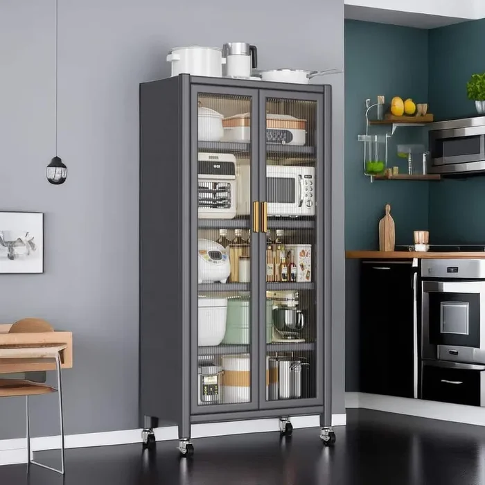 Gray Metal Kitchen Cart with Wheel, 5-Tier Metal Baker‘s Rack Kitchen Pantry Cabinet Storage Hutch