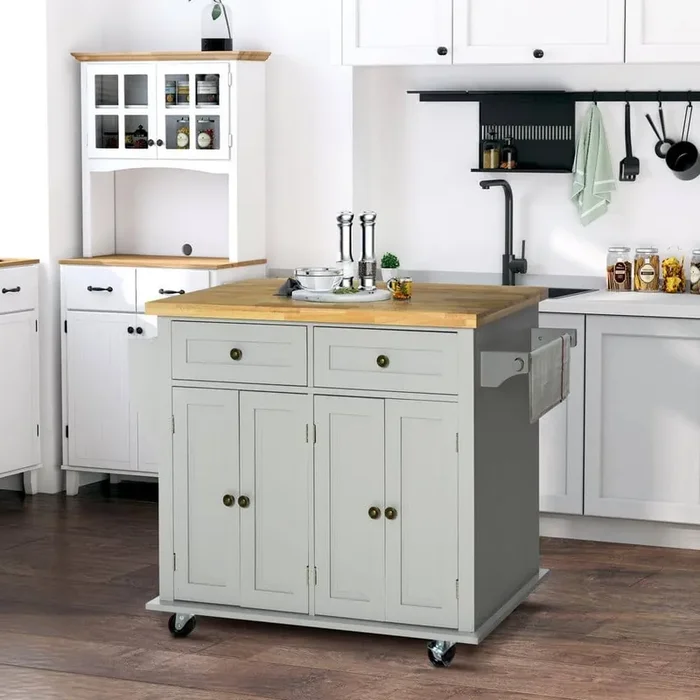 Gray Wood 43.75 in. Kitchen Island on Wheels, Rolling Kitchen Cart with Drawers and Adjustable Shelve