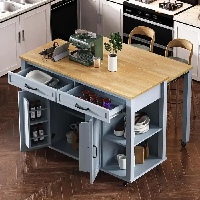 Gray Wood 47 in. Kitchen Island on Wheels with Extendable Dining Table, Storage Rack, Power Outlet, 2 Drawers 2 Cabinet