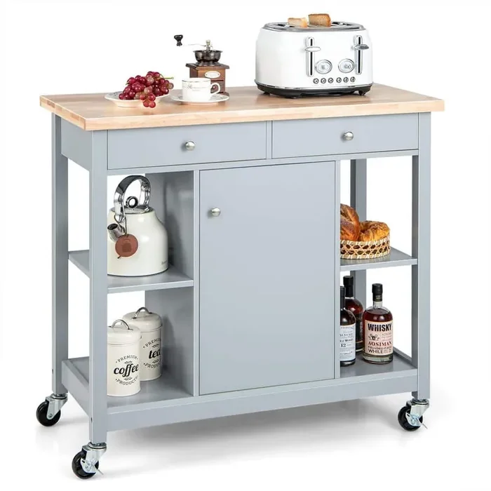 Gray Wooden Rolling Kitchen Cart with 4-Open Shelves and 2-Drawers