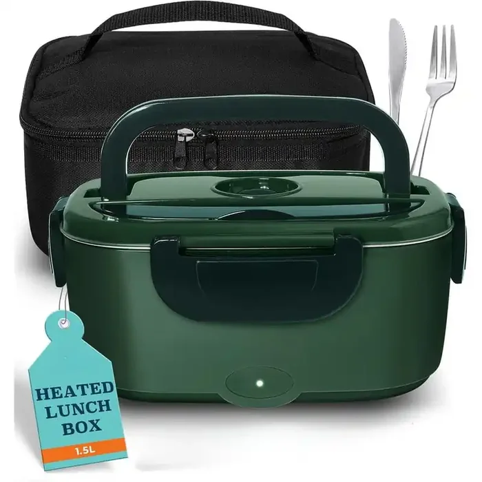 Green 80W Electric 1. 5L Stainless Steel Heated Lunch Bag Box for Adults, Self Heating for Car, Office, Truck and Work