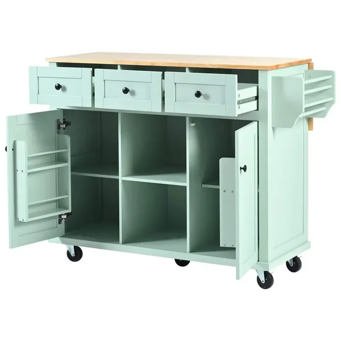 Green Rubber Wood Desktop 53 in. W Kitchen Island on 5 Wheels with Drop Leaf and 3 Drawers