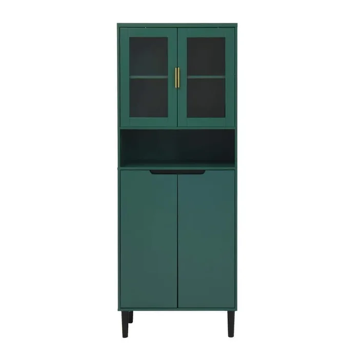 Green Tempered Glass Door Tall Storage Bookcase with Adjustable Board, 4-doors MDF Painting Finished Cabinet
