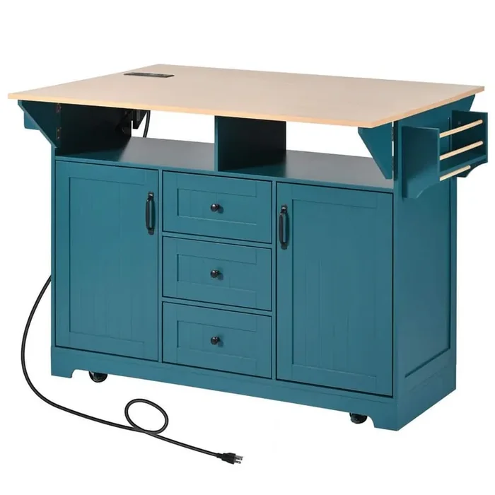 Green Wood 55.7 in. Kitchen Island on 5-Wheels with 2-Drop Leaf, Spice and Towel Rack and 3-Drawers