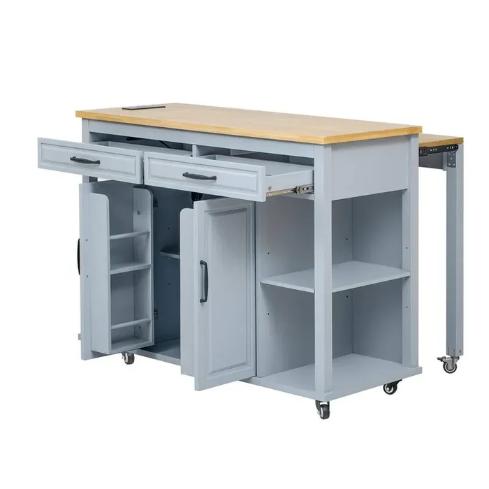 Grey Blue Rubber Wood 47 in. Kitchen Island on 6-Wheels with 2-Drawers, 2-Cabinet and Internal Storage Rack
