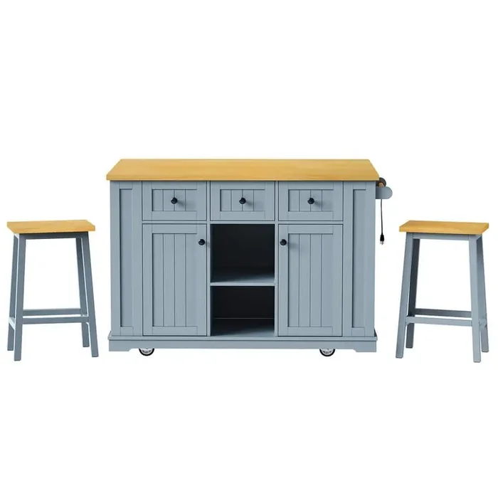 Grey Blue Rubber wood Kitchen Cart with Drop Leaf and 2-Bar Stools