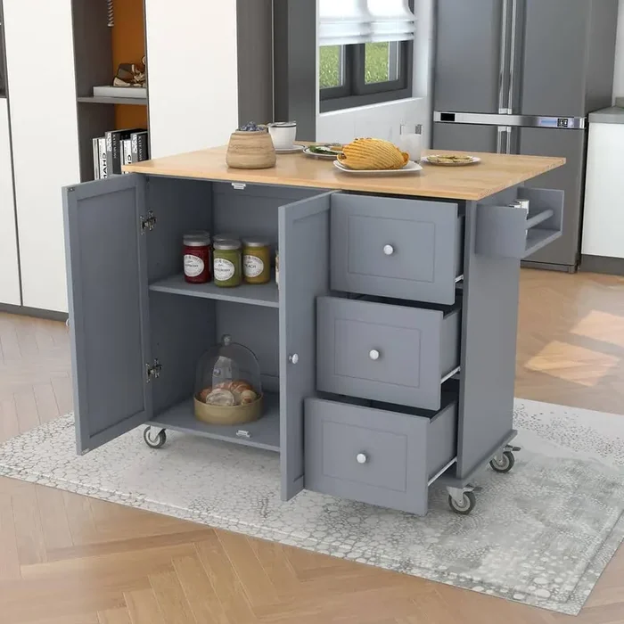 Grey Blue Rubber Wood Kitchen Cart with Drop-Leaf and Spice Rack