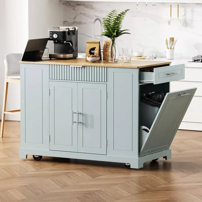 Grey Blue Wood Tabletop 48.5 in. Kitchen Island on 5 Wheels with Trash Can Storage Cabinet, 3 Drawers&3 Open Side Racks
