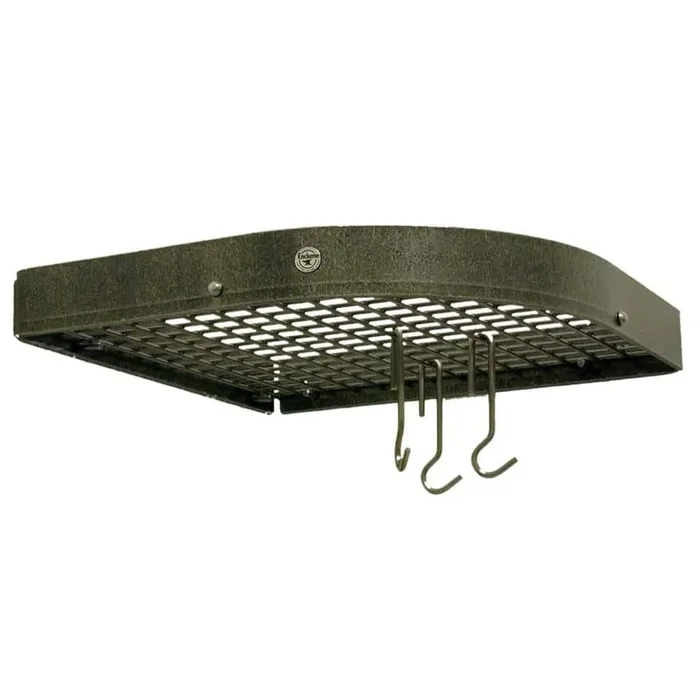 Handcrafted Large 16 in. Corner Wall Pot Rack with 12 Hooks Hammered Steel