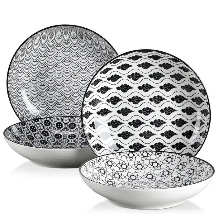 Haruka 8.6 in. Soup Plate Porcelain Patterned 4-Designs Japanese Style Grey Spot Soup Plate (Set of 4)