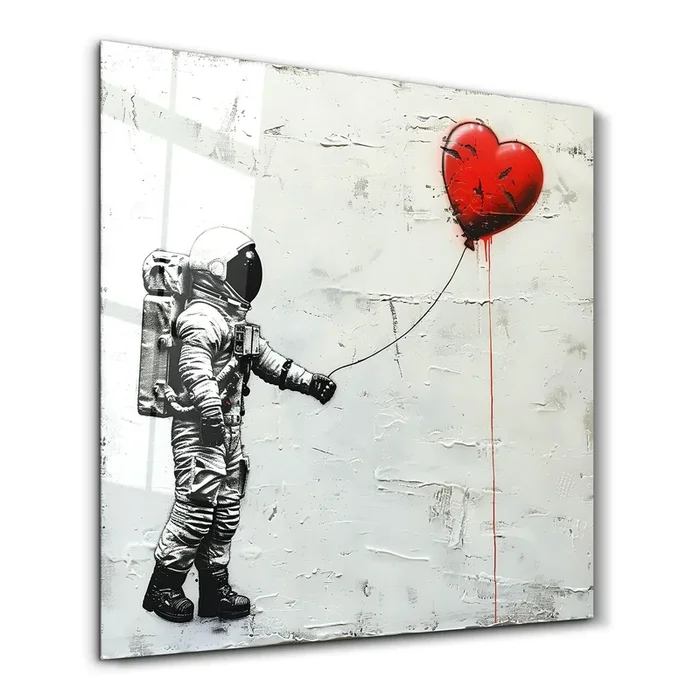Heart Balloon in the Astronaut’s Hand | Banksy Style Glass Wall Art