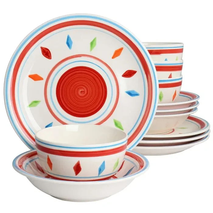 Heidy 12-Pcs Hand Painted Durastone Dinnerware Set Service of 4 in Red